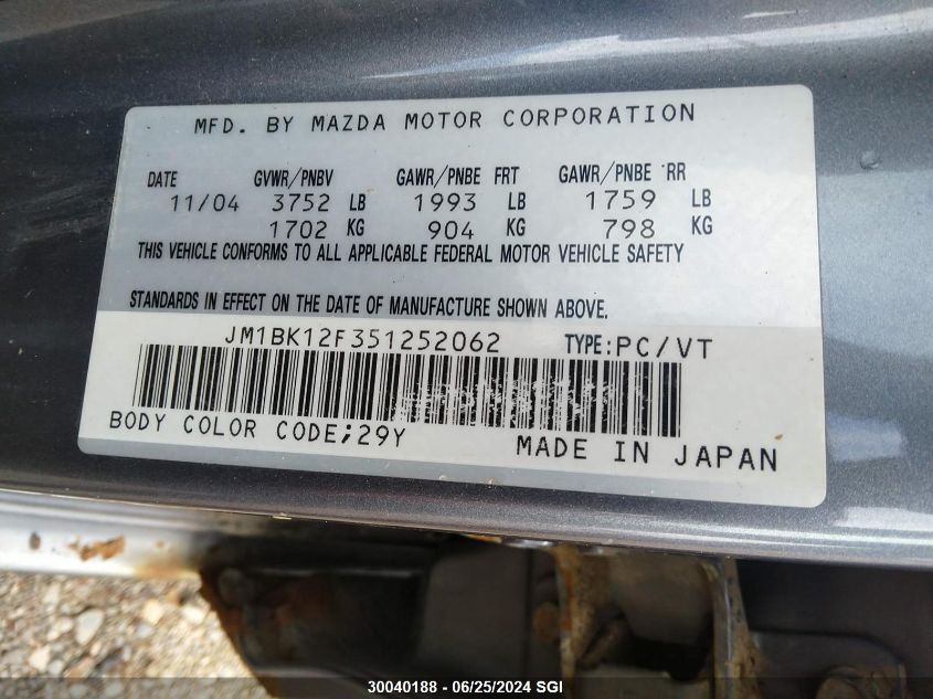 2005 Mazda 3 I VIN: JM1BK12F351252062 Lot: 30040188