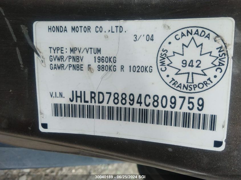 2004 Honda Cr-V Ex VIN: JHLRD78894C809759 Lot: 30040189