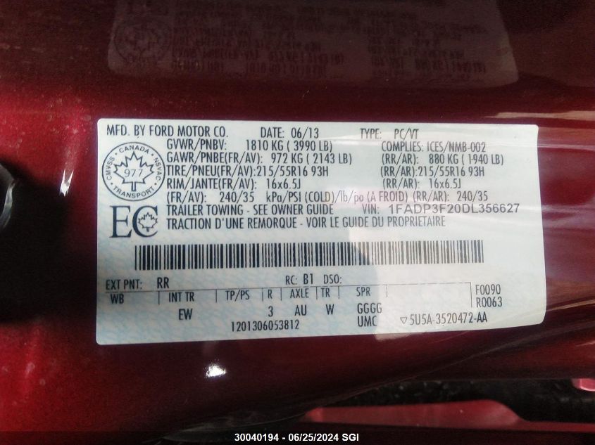 2013 Ford Focus Se VIN: 1FADP3F20DL356627 Lot: 30040194