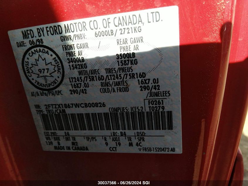 1998 Ford F150 VIN: 2FTZX1867WCB00826 Lot: 30037566
