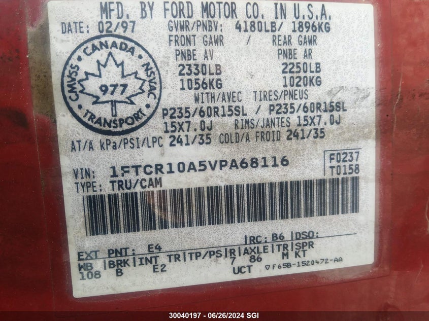 1997 Ford Ranger VIN: 1FTCR10A5VPA68116 Lot: 30040197