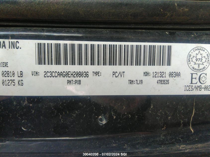 2014 Chrysler 300 VIN: 2C3CCAAG0EH208036 Lot: 30040200