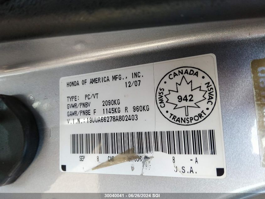 2008 Acura Tl VIN: 19UUA66278A802403 Lot: 30040041