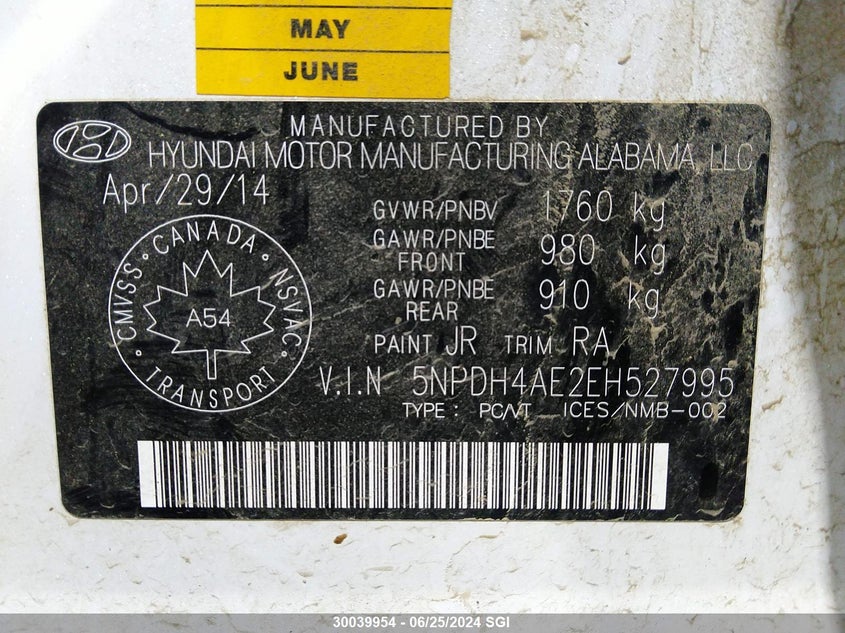 2014 Hyundai Elantra Se/Sport/Limited VIN: 5NPDH4AE2EH527995 Lot: 30039954