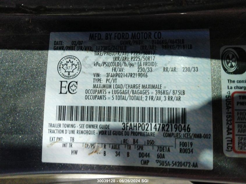 2007 Ford Fusion Sel VIN: 3FAHP02147R219046 Lot: 30039128