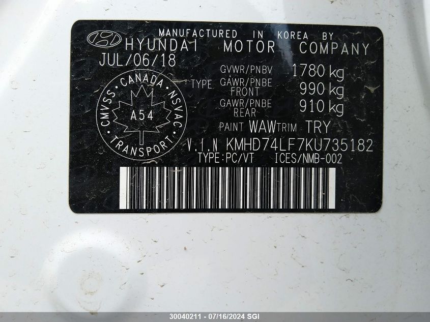 2019 Hyundai Elantra Se VIN: KMHD74LF7KU735182 Lot: 30040211