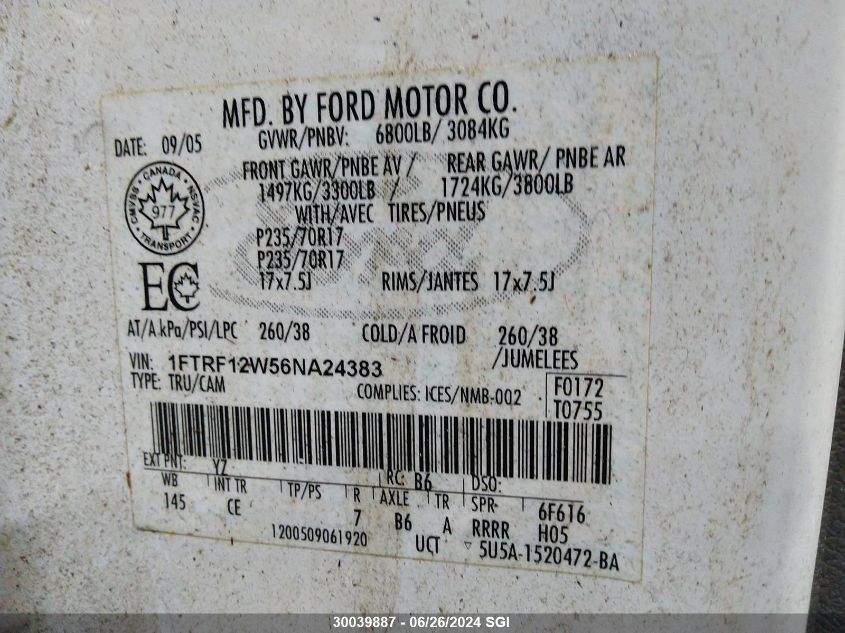 2006 Ford F150 VIN: 1FTRF12W56NA24383 Lot: 30039887