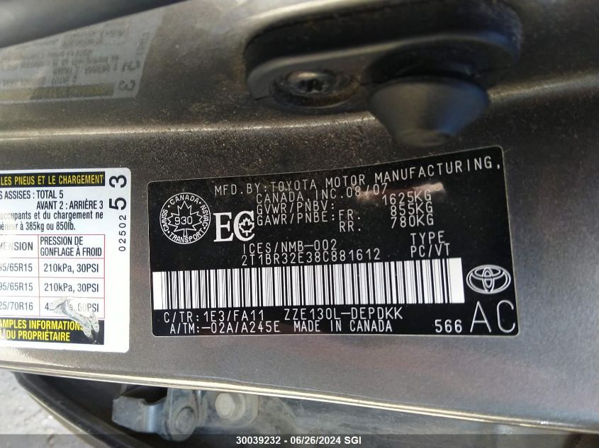 2008 Toyota Corolla Ce/Le/S VIN: 2T1BR32E38C881612 Lot: 30039232