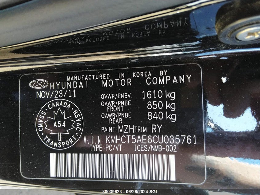 2012 Hyundai Accent Gls/Gs VIN: KMHCT5AE6CU035761 Lot: 30039623