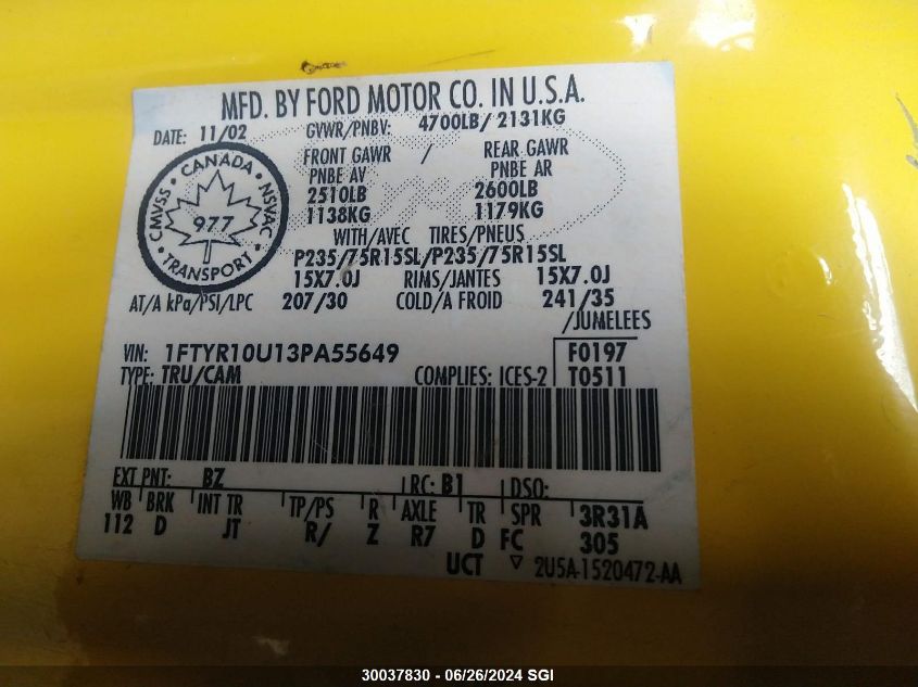 2003 Ford Ranger VIN: 1FTYR10U13PA55649 Lot: 30037830