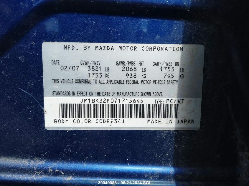 2007 Mazda 3 I VIN: JM1BK32F071715645 Lot: 30040088