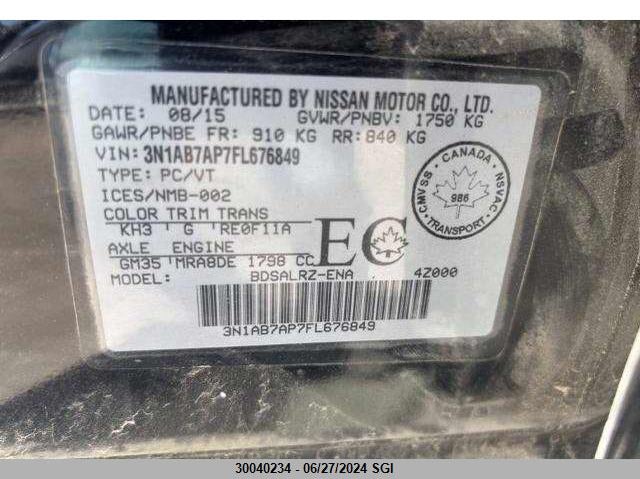 2015 Nissan Sentra S/Sv/Sr/Sl VIN: 3N1AB7AP7FL676849 Lot: 30040234