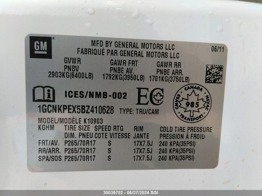 2011 Chevrolet Silverado K1500 VIN: 1GCNKPEX5BZ410628 Lot: 30039702