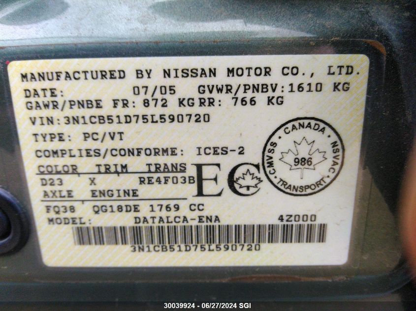 2005 Nissan Sentra 1.8/1.8S VIN: 3N1CB51D75L590720 Lot: 30039924