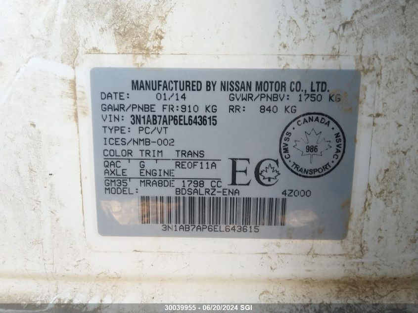 2014 Nissan Sentra S/Sv/Sr/Sl VIN: 3N1AB7AP6EL643615 Lot: 30039955