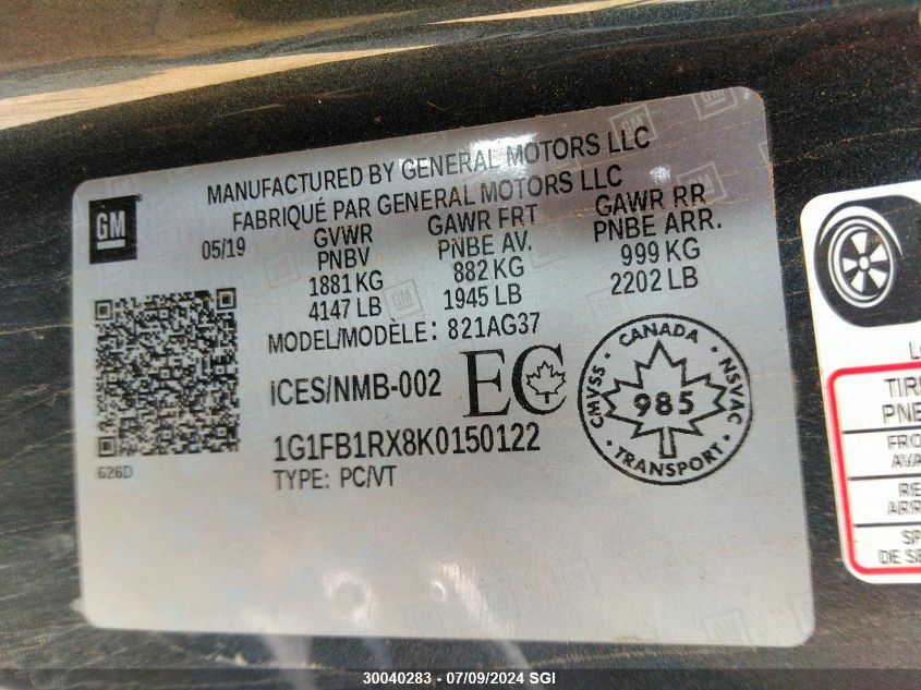 2019 Chevrolet Camaro Ls/Lt VIN: 1G1FB1RX8K0150122 Lot: 30040283