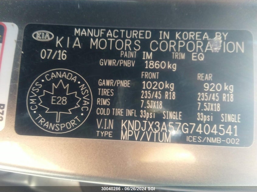 2016 Kia Soul ! VIN: KNDJX3A57G7404541 Lot: 30040286