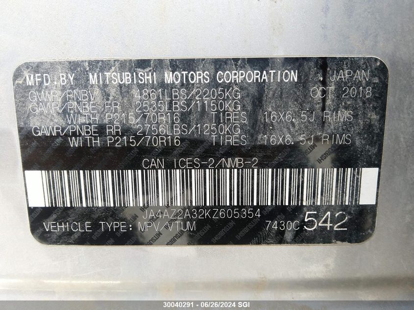 2019 Mitsubishi Outlander Es VIN: JA4AZ2A32KZ605354 Lot: 30040291