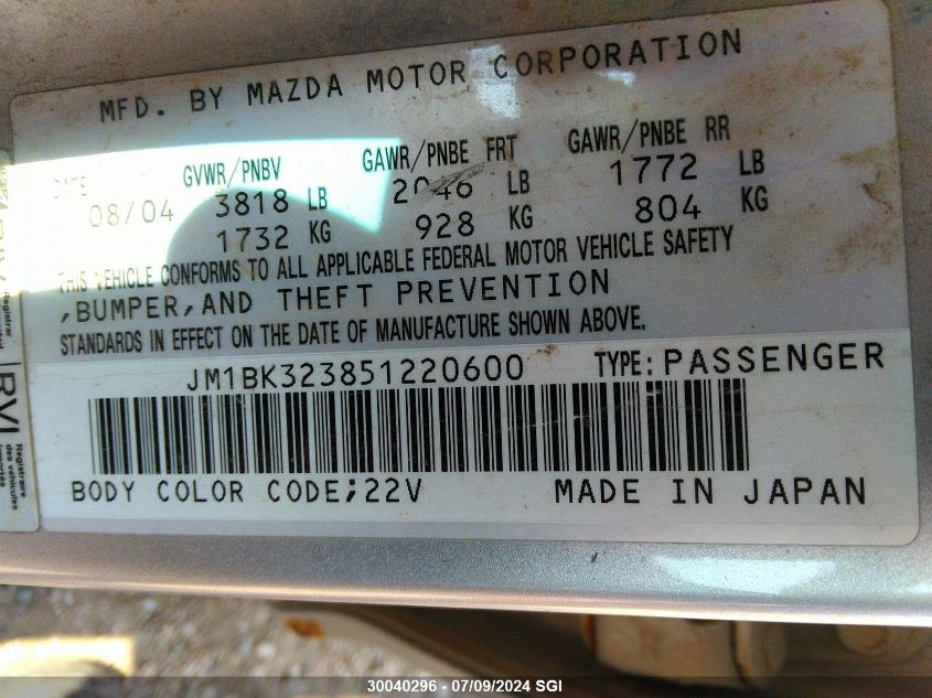 2005 Mazda 3 S VIN: JM1BK323851220600 Lot: 30040296