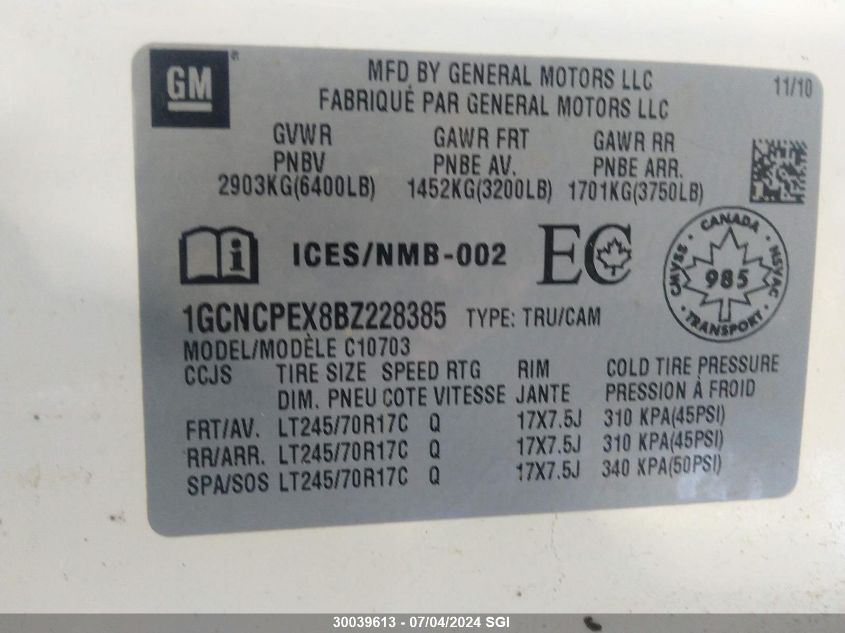 2011 Chevrolet Silverado C1500 VIN: 1GCNCPEX8BZ228385 Lot: 30039613