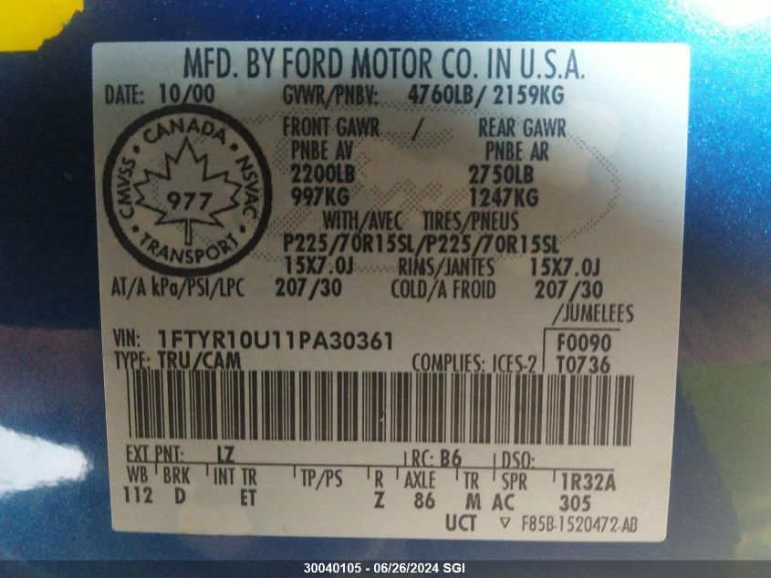 2001 Ford Ranger VIN: 1FTYR10U11PA30361 Lot: 30040105