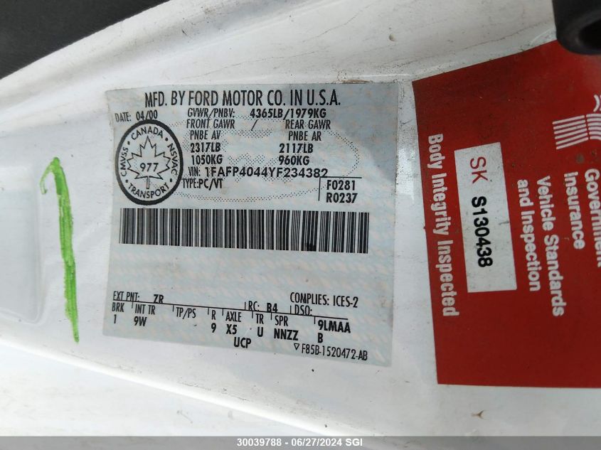 2000 Ford Mustang VIN: 1FAFP4044YF234382 Lot: 30039788