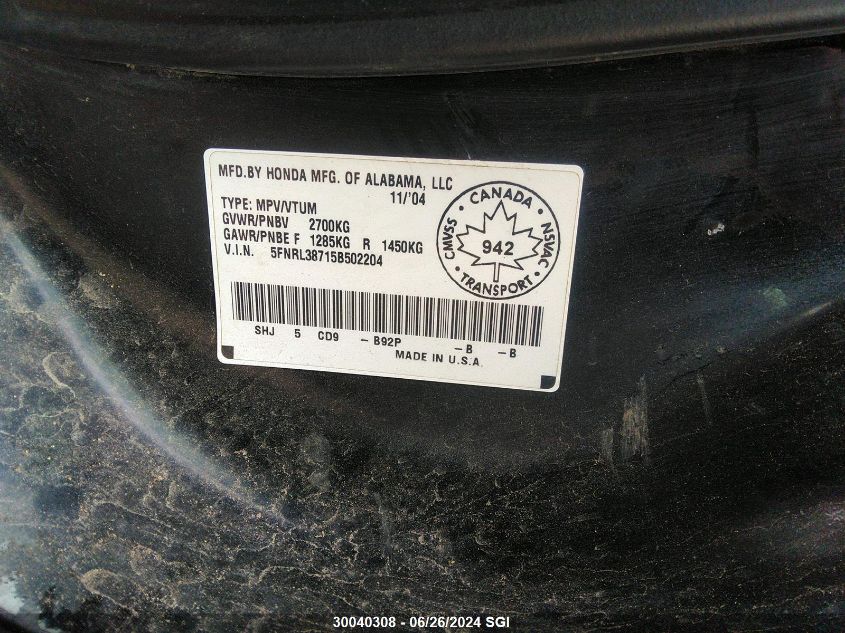 2005 Honda Odyssey Exl VIN: 5FNRL38715B502204 Lot: 30040308