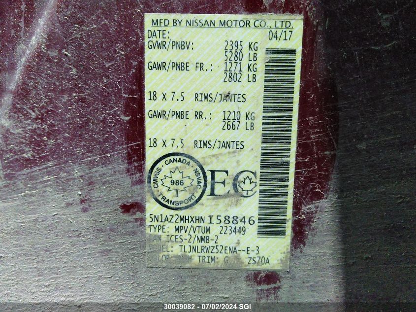 2017 Nissan Murano S/Sl/Sv/Platinum VIN: 5N1AZ2MHXHN158846 Lot: 30039082