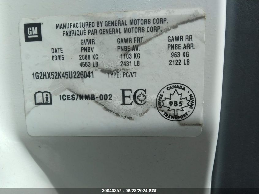 2005 Pontiac Bonneville Se VIN: 1G2HX52K45U226041 Lot: 30040357