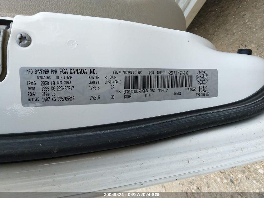 2018 Dodge Grand Caravan Crew VIN: 2C4RDGDG1JR302674 Lot: 30039324