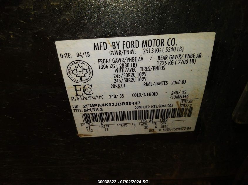 2018 Ford Edge Titanium VIN: 2FMPK4K93JBB96443 Lot: 30038822