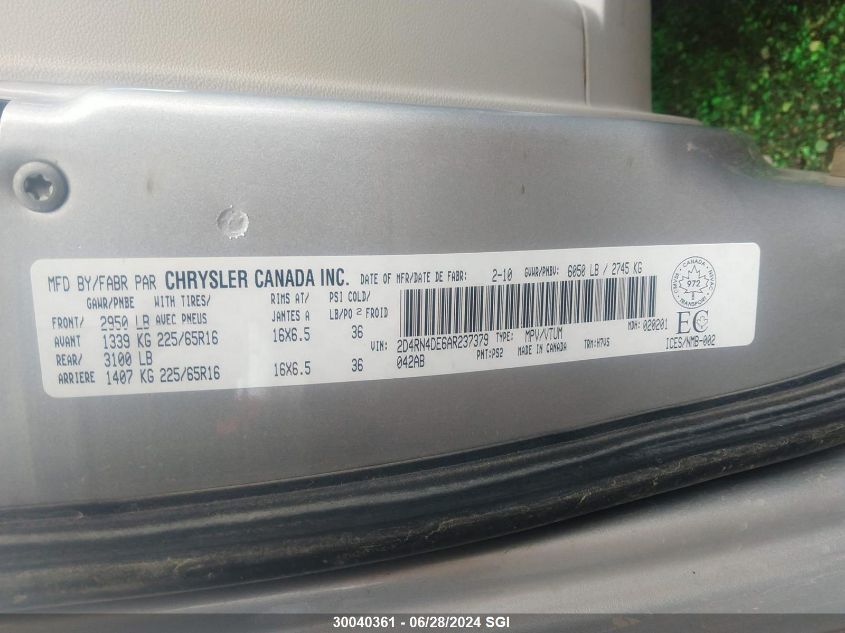 2010 Dodge Grand Caravan Se VIN: 2D4RN4DE6AR237379 Lot: 30040361