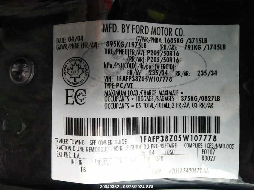 2005 Ford Focus Zx4 St VIN: 1FAFP38Z05W107778 Lot: 30040362