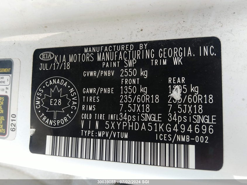 2019 Kia Sorento Ex/Ex Sport VIN: 5XYPHDA51KG494696 Lot: 30039088