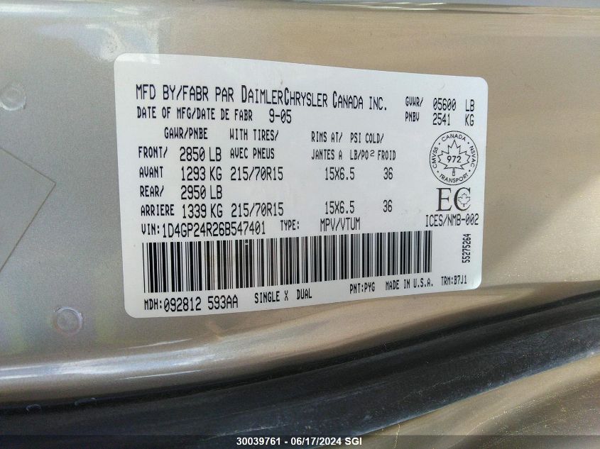 2006 Dodge Grand Caravan Se VIN: 1D4GP24R26B547401 Lot: 30039761