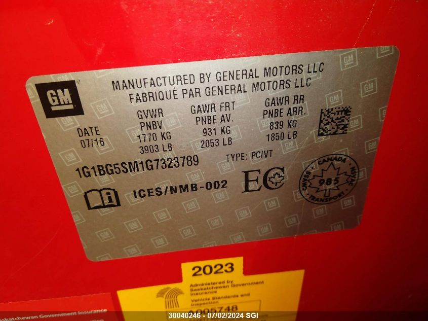 2016 Chevrolet Cruze Premier VIN: 1G1BG5SM1G7323789 Lot: 30040246