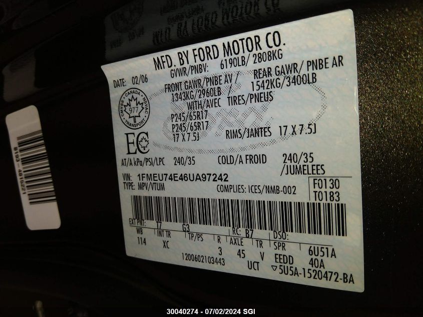 2006 Ford Explorer Eddie Bauer VIN: 1FMEU74E46UA97242 Lot: 30040274