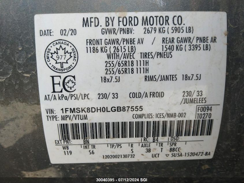 2020 Ford Explorer Xlt VIN: 1FMSK8DH0LGB87555 Lot: 30040395