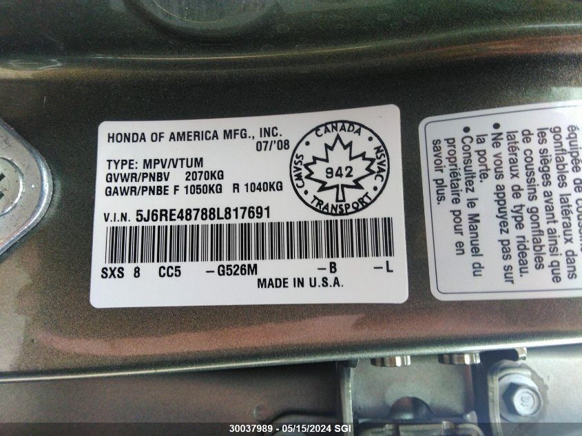 2008 Honda Cr-V Exl VIN: 5J6RE48788L817691 Lot: 30037989