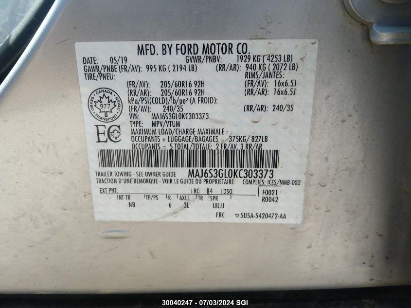 2019 Ford Ecosport Se VIN: MAJ6S3GL0KC303373 Lot: 30040247