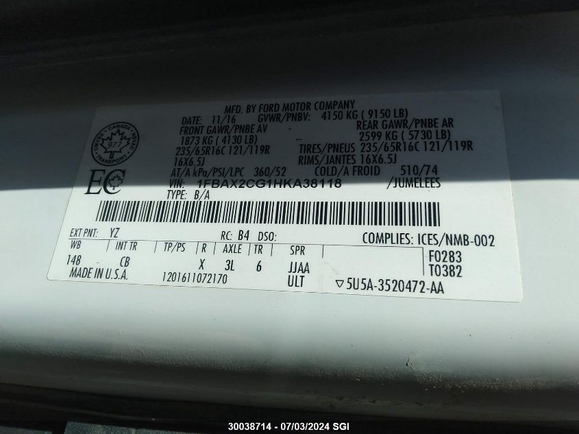 2017 Ford Transit T-350 VIN: 1FBAX2CG1HKA38118 Lot: 30038714