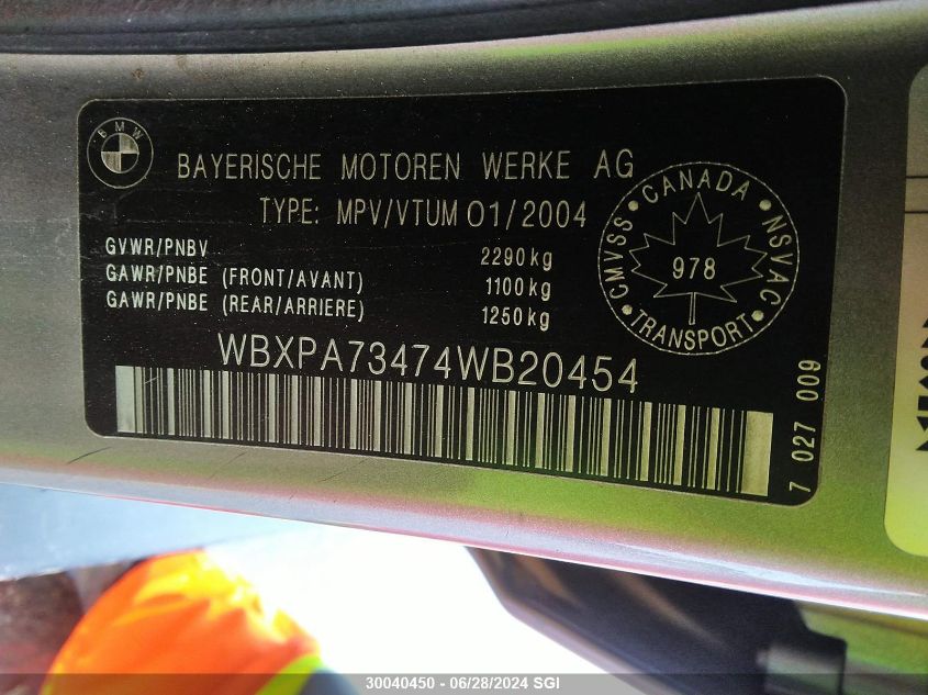 2004 BMW X3 2.5I VIN: WBXPA73474WB20454 Lot: 30040450