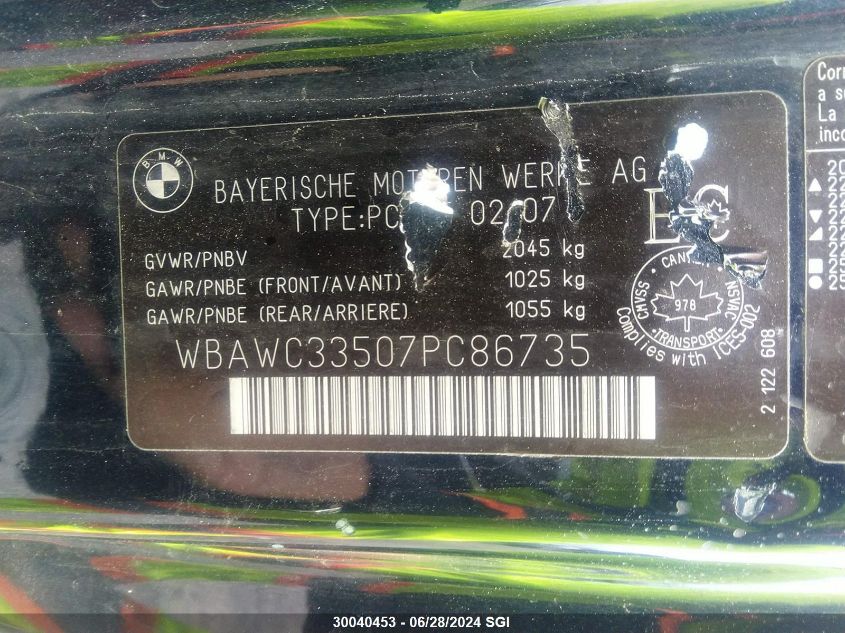 2007 BMW 328 Xi VIN: WBAWC33507PC86735 Lot: 30040453