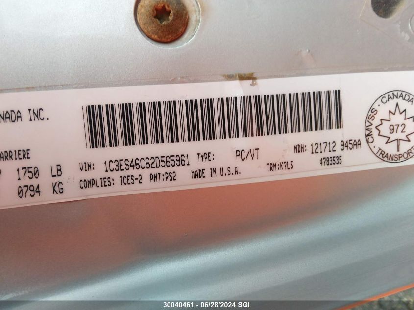 2002 Chrysler Neon Le VIN: 1C3ES46C62D565961 Lot: 30040461