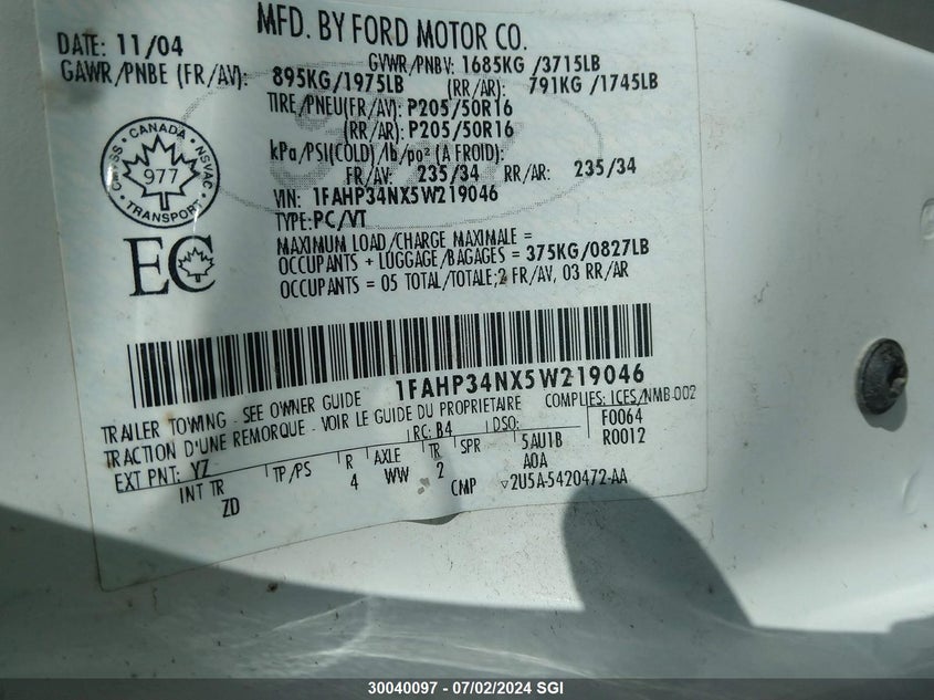 2005 Ford Focus Zx4 VIN: 1FAHP34NX5W219046 Lot: 30040097