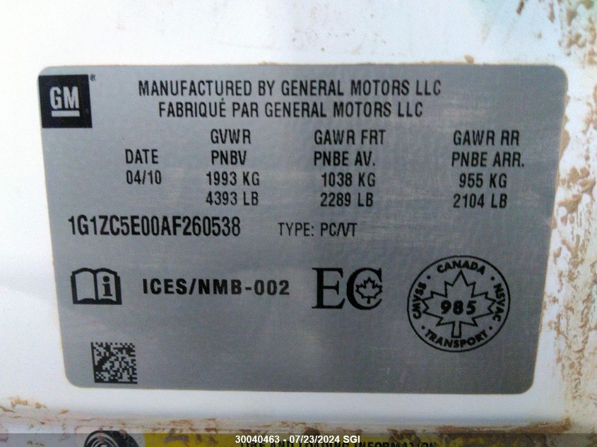 2010 Chevrolet Malibu 1Lt VIN: 1G1ZC5E00AF260538 Lot: 30040463