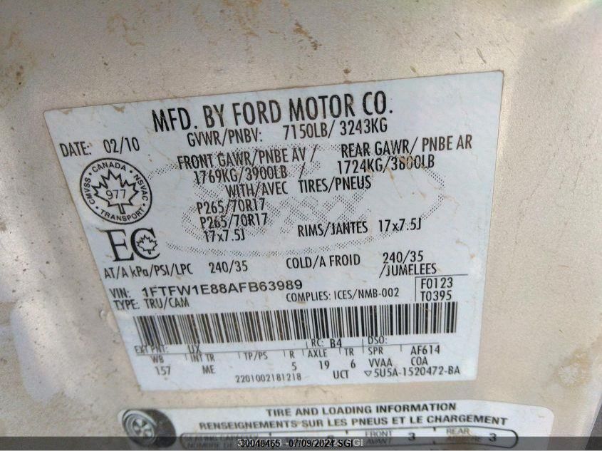 2010 Ford F150 Supercrew VIN: 1FTFW1E88AFB63989 Lot: 30040465