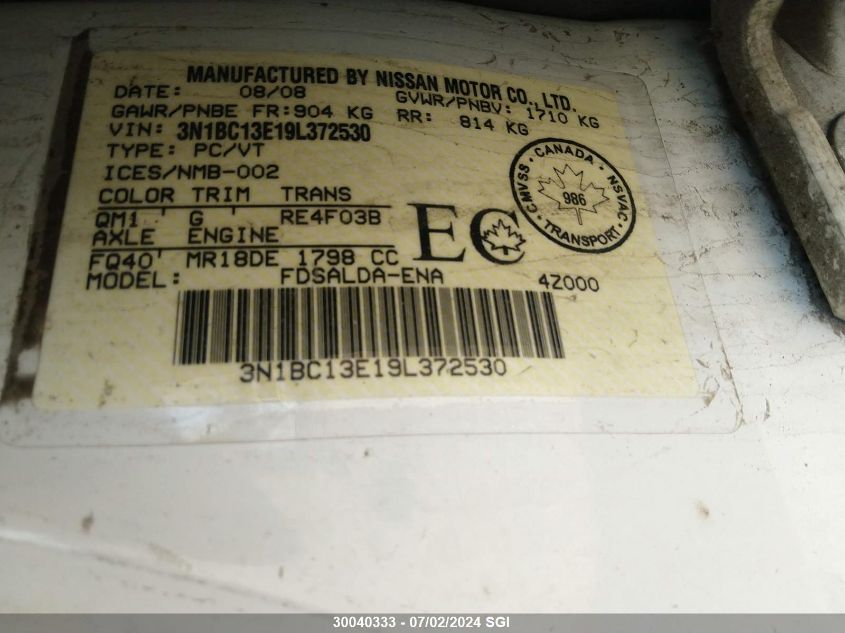 2009 Nissan Versa S/Sl VIN: 3N1BC13E19L372530 Lot: 30040333