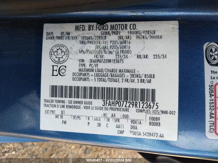 2009 Ford Fusion Se VIN: 3FAHP07Z29R123675 Lot: 30040427