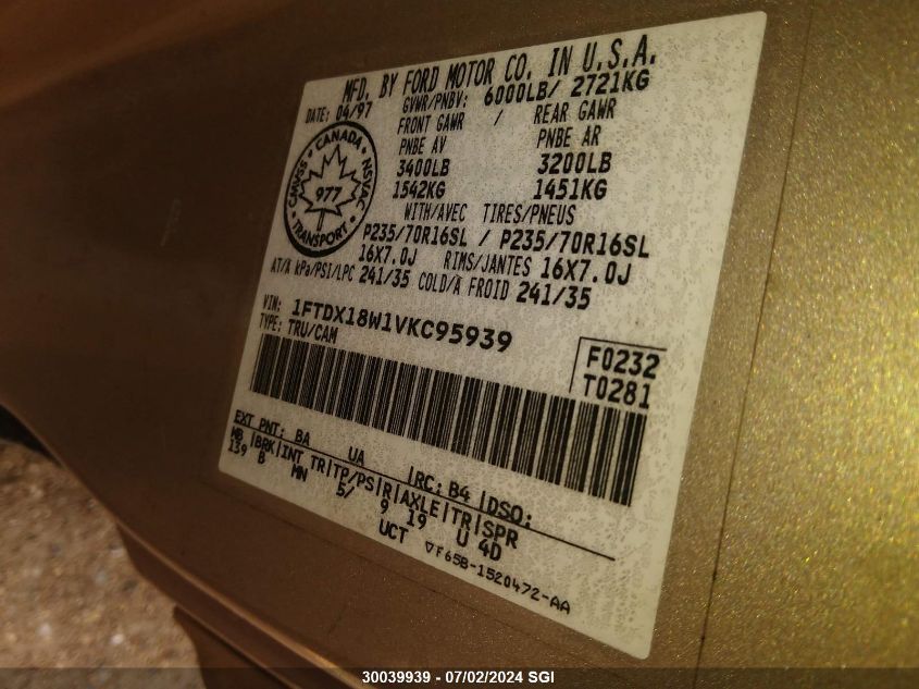 1997 Ford F150 VIN: 1FTDX18W1VKC95939 Lot: 30039939